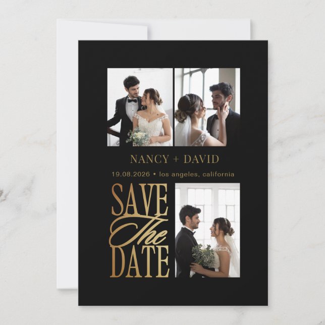 Black Gold Script 3 Photo Collage Wedding  Save The Date (Front)