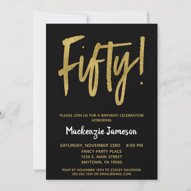 Black Gold Script 50th Birthday Party Invitation (Front)