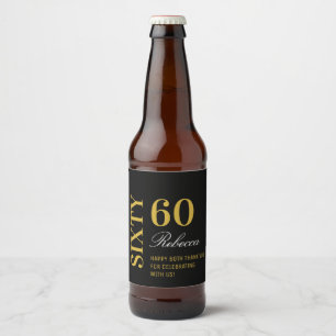 Black & Gold Script 60th Birthday Cocktail Party Beer Bottle Label