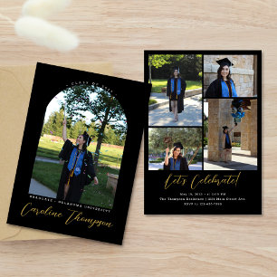 Black & Gold Script Arch Photo Collage Graduation Invitation