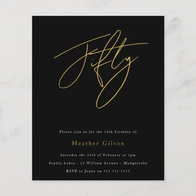 Black & Gold Script Budget 50th Birthday Invite (Front)
