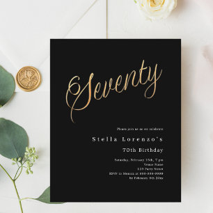 Black gold script budget 70th birthday invitation
