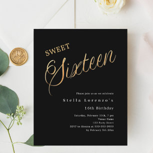 Black gold script budget Sweet 16 invitation