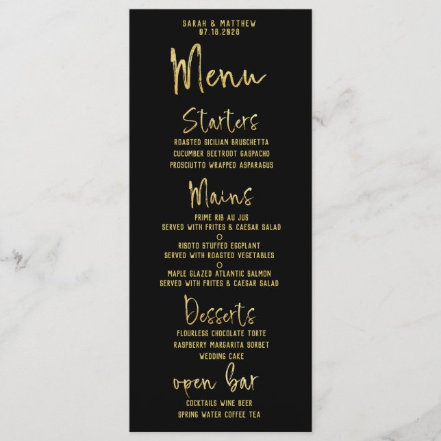 Black & Gold Script Calligraphy Classic Wedding Menu (Front)