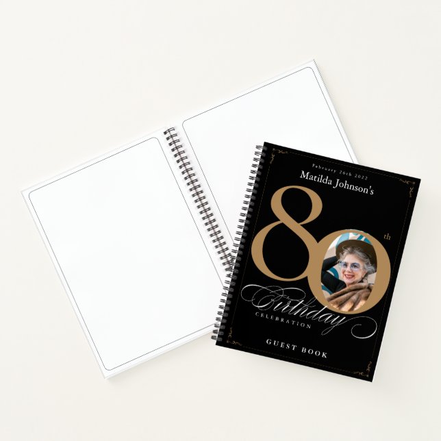 Black Gold Script Elegant 80th Birthday Guestbook Notebook (Inside)