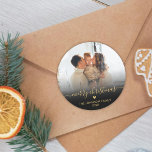 Black Gold Script Family Photo Merry Christmas  Classic Round Sticker<br><div class="desc">Elegant Whimsical Black Gold "Merry Christmas"  Script Calligraphy Family Photo Holiday Round Sticker. Features Photo template,  family name,  year and a little cute heart motif. Great for Mailing Accessories Envelope Seals and Gift Stickers.</div>