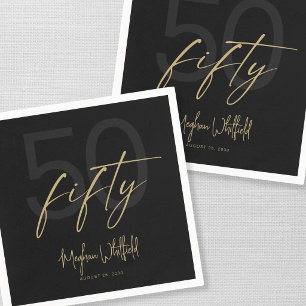 Black Gold Script Fifty Modern 50th Birthday Party Napkin