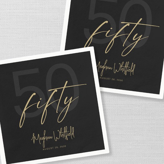 Black Gold Script Fifty Modern 50th Birthday Party Napkin (Creator Uploaded)