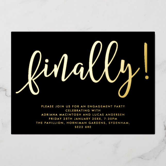 Black & Gold Script Finally Engagement Party Foil (Front)