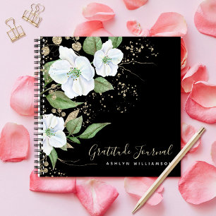 Black Gold Script Floral Watercolor Chic Gratitude Notebook