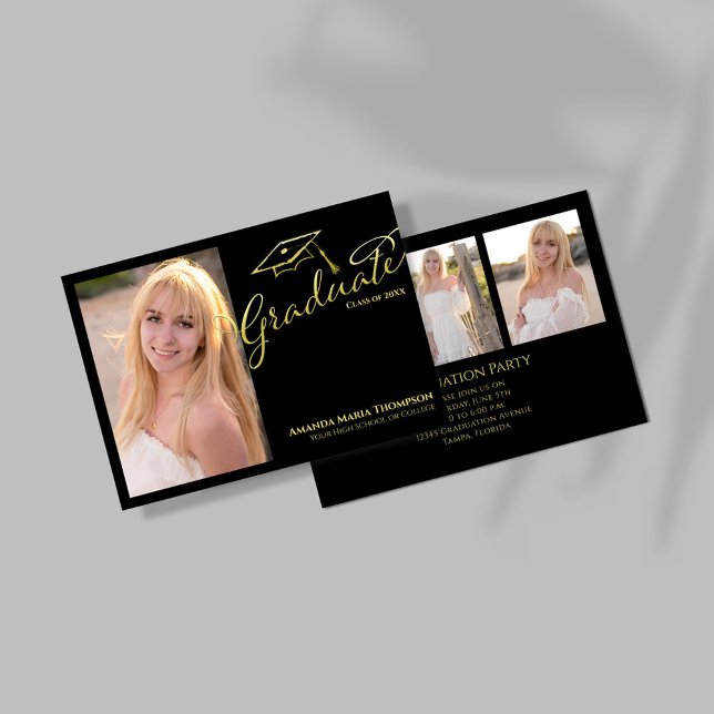 Black Gold Script Graduate Photo Party Invitation (Black and gold graduation photo invitation with elegant script and cap illustration.)