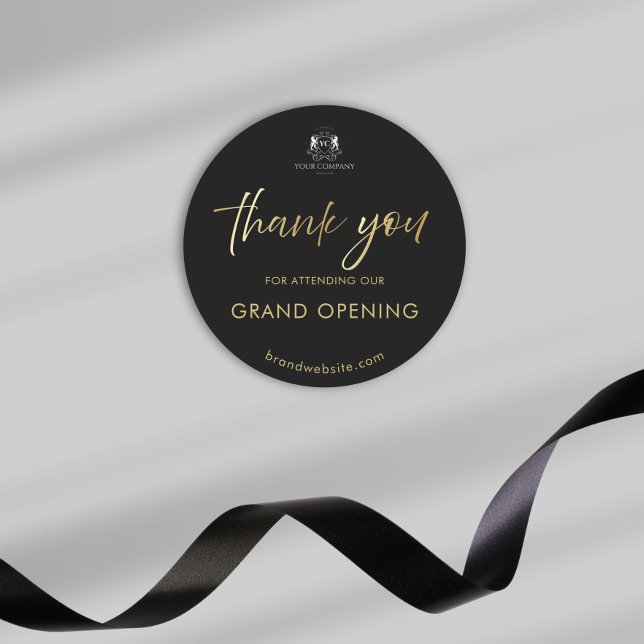 Black Gold Script Grand Opening Logo Thank You Classic Round Sticker (Creator Uploaded)