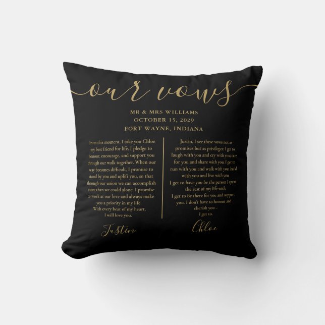 Black Gold Script His And Hers Photo Wedding Vows Cushion (Front)