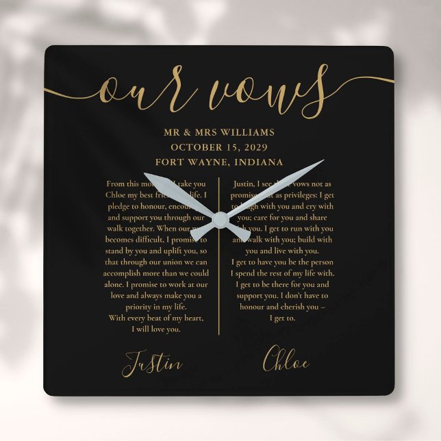 Black Gold Script His And Hers Wedding Vows Square Wall Clock (Creator Uploaded)