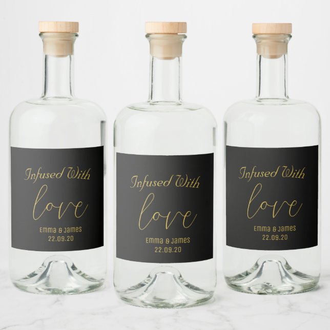 Black & Gold Script Infused with Love Monogram  Liquor Bottle Label (Bottles)