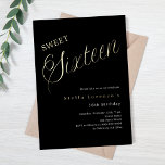 Black gold script luxury Sweet 16<br><div class="desc">A modern Sweet 16 invitation. Classic black background and the word Sixteen written with large letters in faux gold. Personalise and add a name and party details. White text.</div>