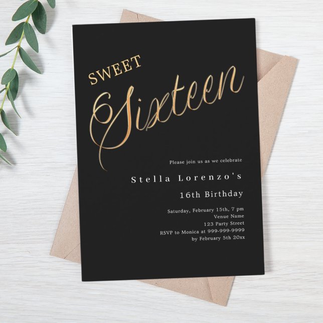 Black gold script luxury Sweet 16 Invitation (Creator Uploaded)