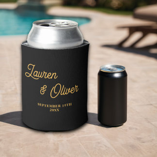 Black Gold Script Minimalist Wedding Can Cooler