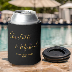 Black Gold Script Minimalist Wedding Can Cooler