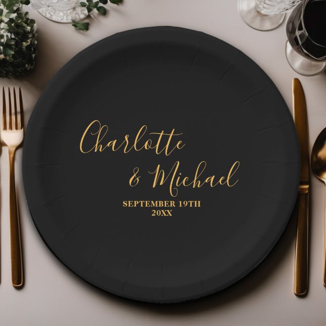 Black Gold Script Minimalist Wedding Paper Plate (Creator Uploaded)