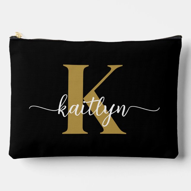 Black Gold Script Monogram Accessory Pouch (Front)
