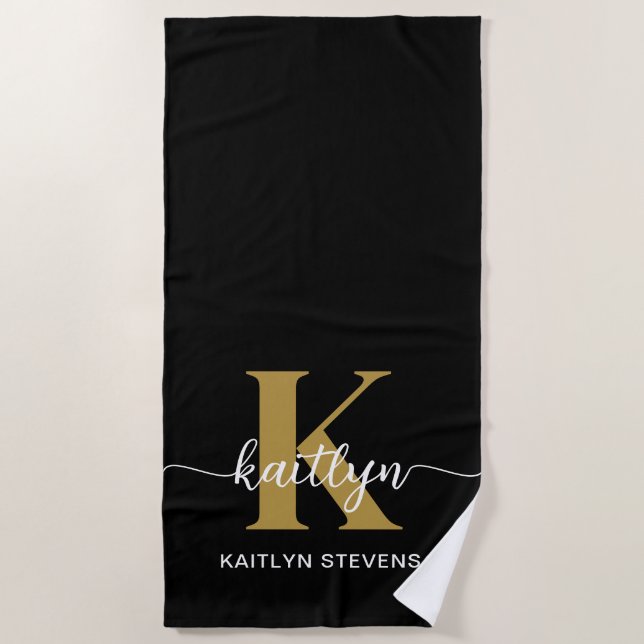 Black Gold Script Monogram Beach Towel (Front)
