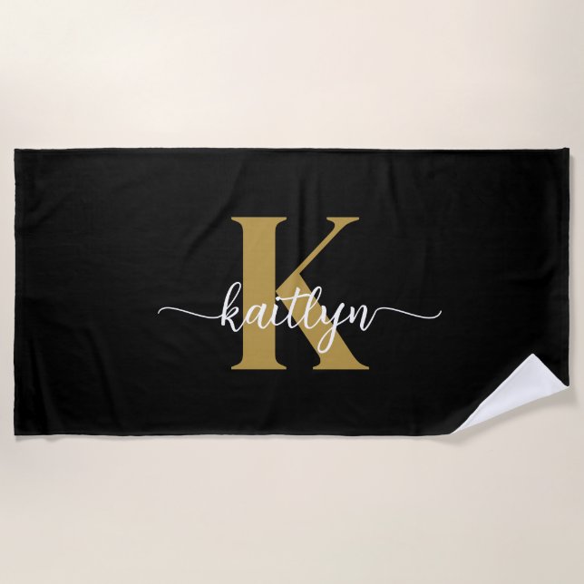 Black Gold Script Monogram Beach Towel (Front)