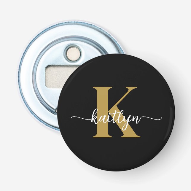 Black Gold Script Monogram Bottle Opener (Front)