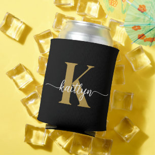 Black Gold Script Monogram Can Cooler