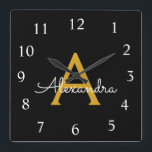 Black Gold Script Monogram Girly Name<br><div class="desc">Gold and Black Script Monogram Name Clock. This makes the perfect sweet 16 birthday,  wedding,  bridal shower,  anniversary,  baby shower or bachelorette party gift for someone that loves glam luxury and chic styles.</div>