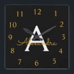 Black Gold Script Monogram Girly Name<br><div class="desc">Gold and Black Script Monogram Name Clock. This makes the perfect sweet 16 birthday,  wedding,  bridal shower,  anniversary,  baby shower or bachelorette party gift for someone that loves glam luxury and chic styles.</div>