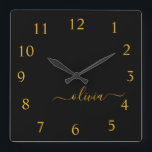 Black Gold Script Monogram Girly Name Square Wall Clock<br><div class="desc">Gold and Black Script Monogram Name Clock. This makes the perfect sweet 16 birthday,  wedding,  bridal shower,  anniversary,  baby shower or bachelorette party gift for someone that loves glam luxury and chic styles.</div>