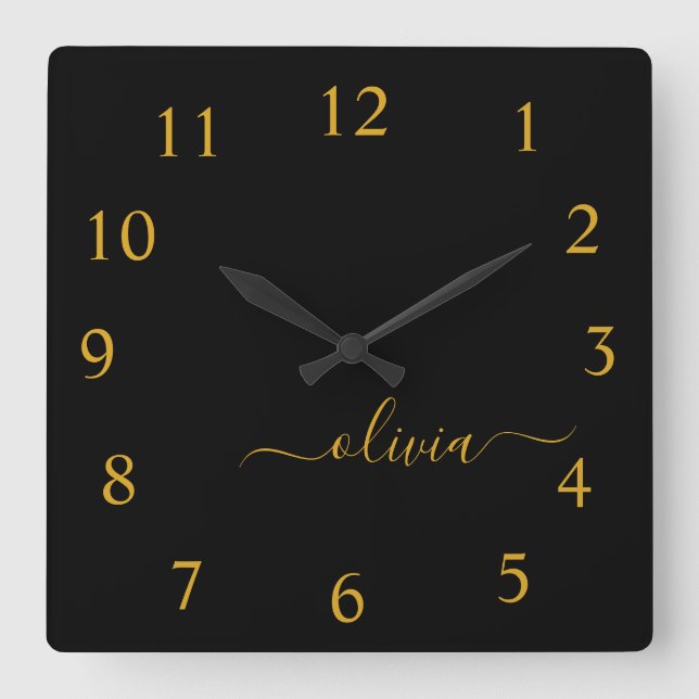 Black Gold Script Monogram Girly Name Square Wall Clock (Front)