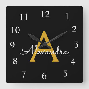 Black Gold Script Monogram Girly Name Square Wall Clock