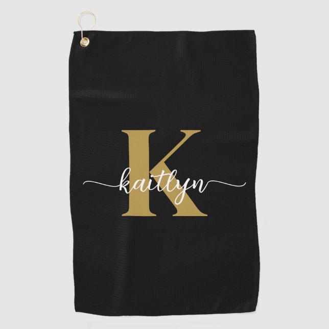 Black Gold Script Monogram Golf Towel (Front)