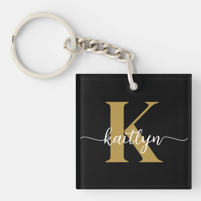 Black Gold Script Monogram Key Ring (Front)