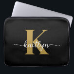 Black Gold Script Monogram Laptop Sleeve<br><div class="desc">This simple,  elegant black 13" laptop sleeve with your first name in a trendy script font in white and your first initial in a modern cap font in gold is perfect for you.  It's stylish and trendy and yet very classic. It's unique - like you!</div>