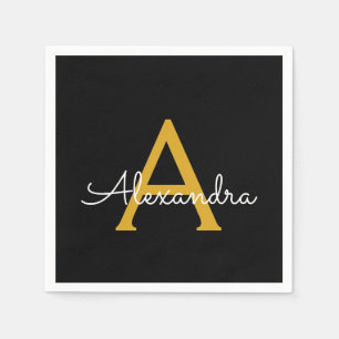Black Gold Script Monogram Name Modern Napkin