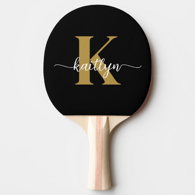 Black Gold Script Monogram Ping Pong Paddle (Front)
