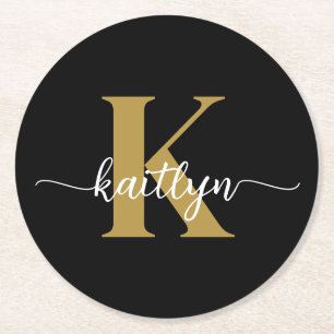 Black Gold Script Monogram Round Paper Coaster