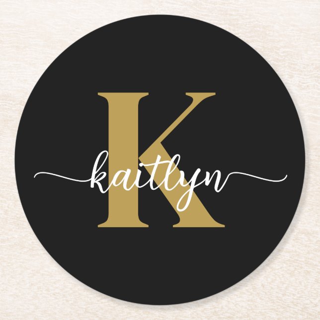 Black Gold Script Monogram Round Paper Coaster (Front)