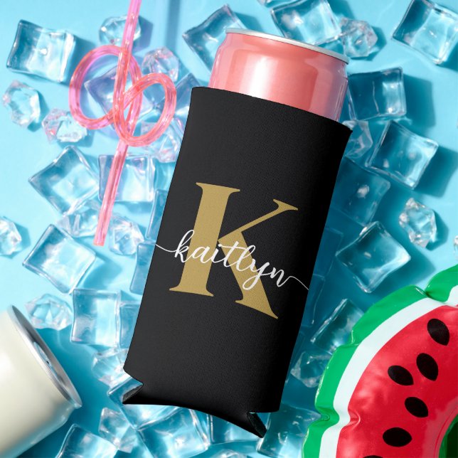 Black Gold Script Monogram Seltzer Can Cooler (In Situ Summer)