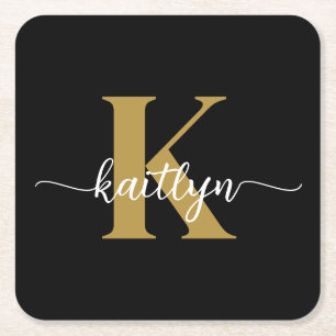 Black Gold Script Monogram Square Paper Coaster