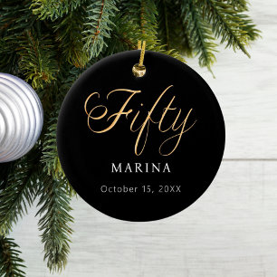 Black gold script name 50th birthday ceramic tree decoration