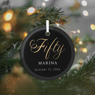 Black gold script name 50th birthday glass tree decoration