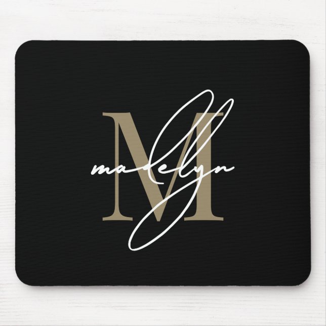 Black Gold Script Name Initial Monogram Mouse Pad (Front)