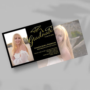 Black Gold Script Photo Graduation Party Invite