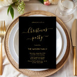 Black Gold Script Simple Holiday Christmas Party Invitation<br><div class="desc">Chic Modern Calligraphy Script Minimalist Black and Gold Christmas Party Invitations is perfect for a simple Christmas event. Features an elegant „Christmas Party” text in a beautiful hand lettered swirly swash-tail font script in black and gold. Easy to personalise with your name and party details.</div>