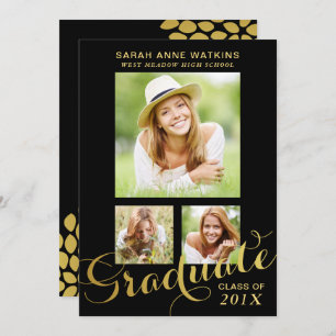 Black Gold Script Three Photo Graduation Invitation
