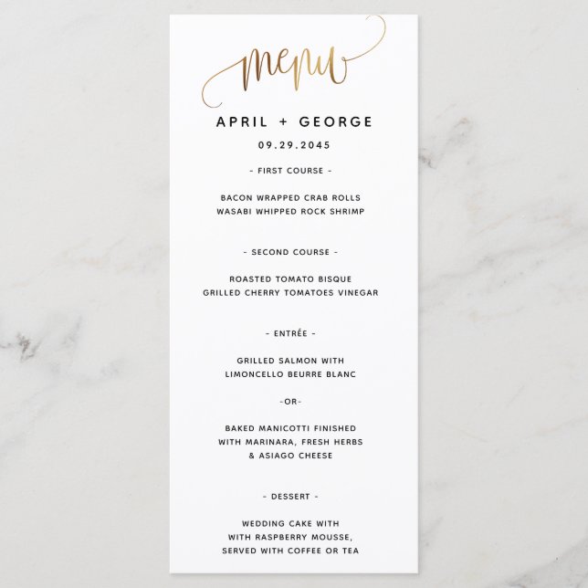 Black Gold Script Typography Wedding Menu (Front)